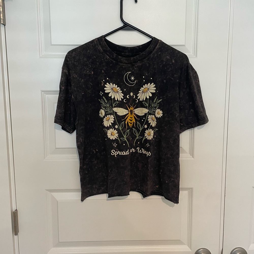 Black Graphic Tee with Bee and Daisy Design